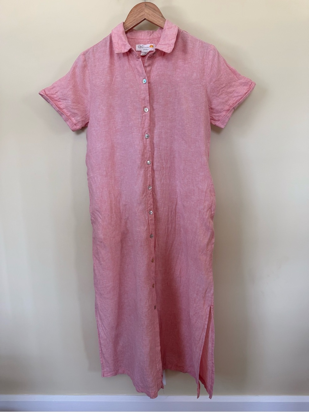 C&C California Linen Button-Front Dress in Dusty Rose with Pockets V Neck